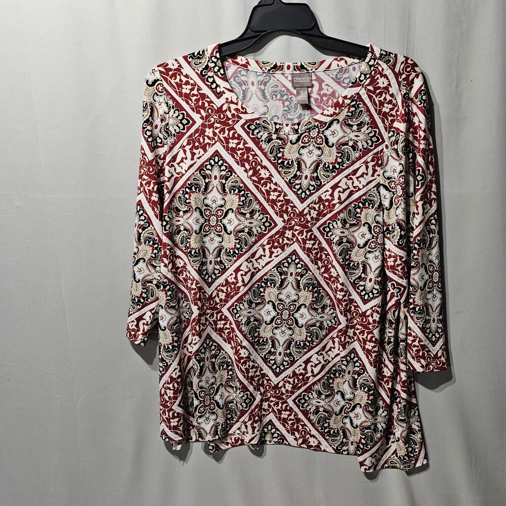 Chico’s Blouse Top Women’s Red Mixed Paisley Scarf Print Split-Neck Size Large